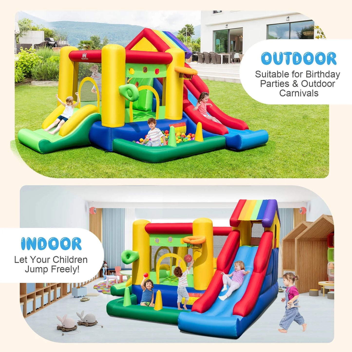 Infans Colorful Rainbow Kids Inflatable Bounce Castle W/ 50 Ocean Balls & 735W Blower