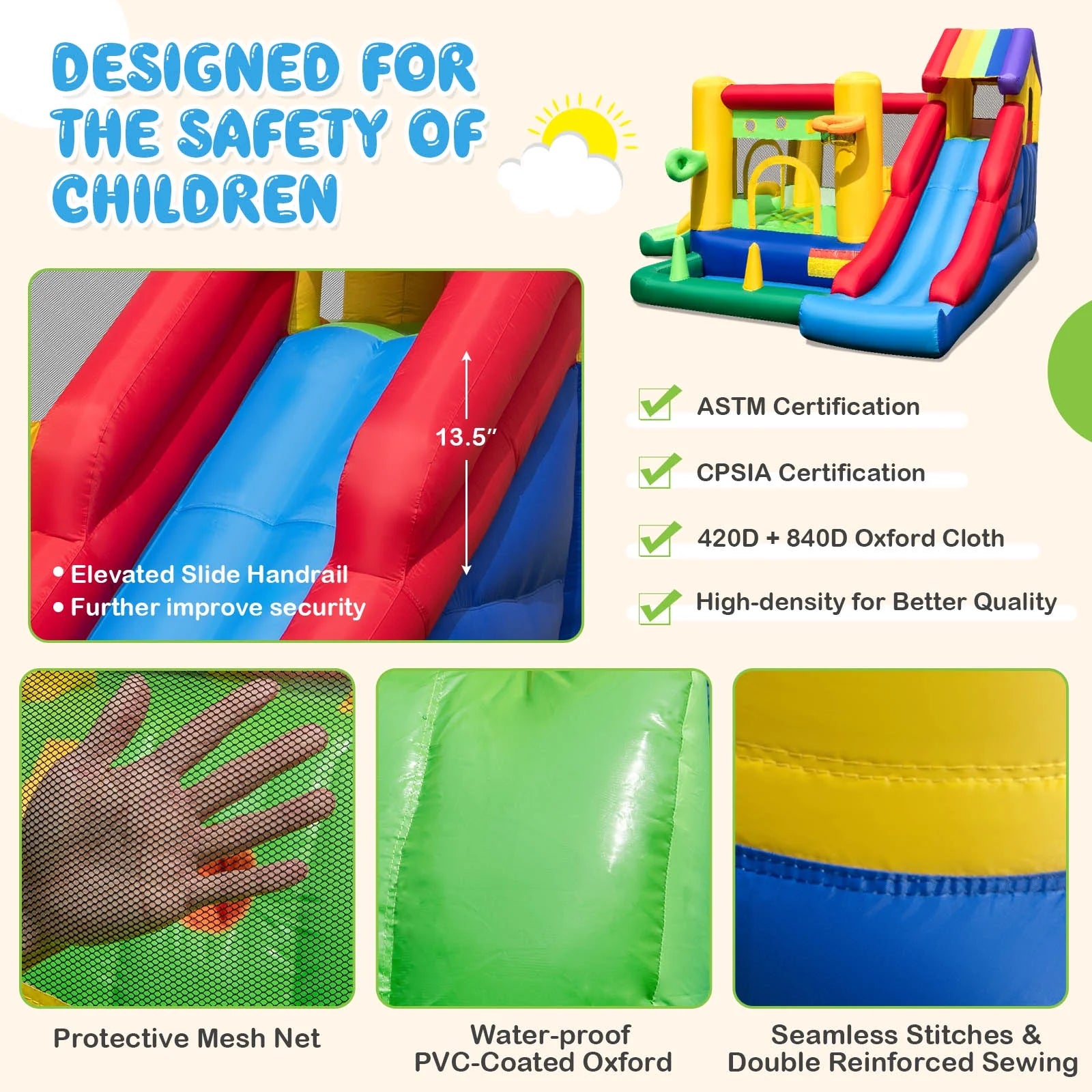 Infans Colorful Rainbow Kids Inflatable Bounce Castle W/ 50 Ocean Balls & 735W Blower