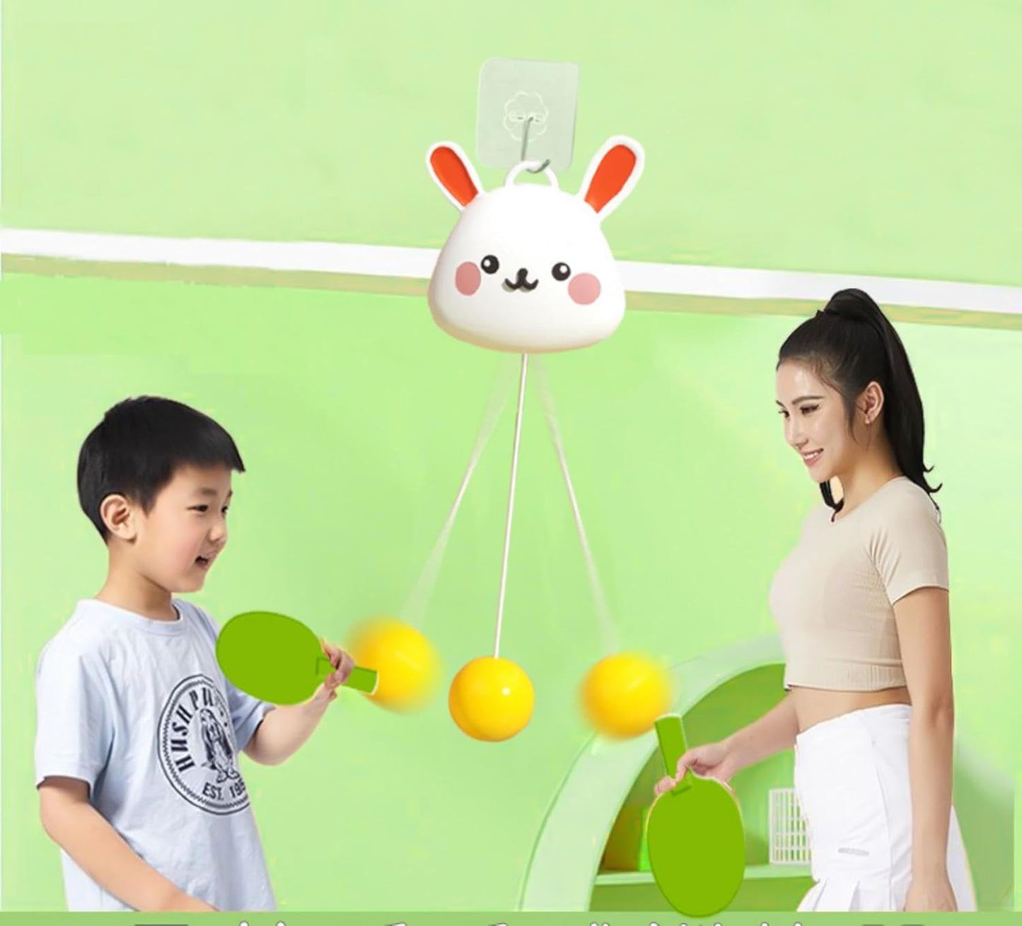 Table Tennis Trainer Set, Parent-Child Interaction,Hanging Ping Pong with 5 Balls, Racket and Base, Adjustable Hanging Table Tennis Trainer.